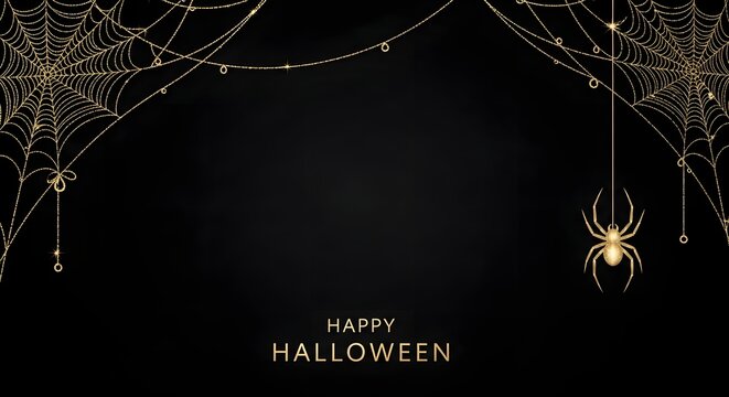 Happy halloween background with golden spider webs and hanging spider on black background, luxury festive banner