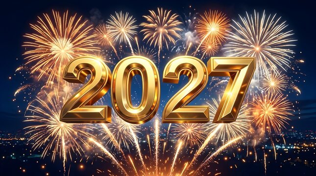 Golden 2027 numbers glowing against a vibrant night sky with colorful fireworks to celebrate a happy new year