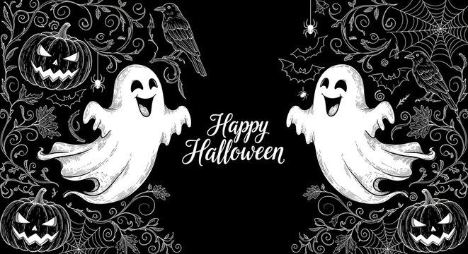 Happy halloween greeting card with cute ghosts, pumpkins, ravens, bats and spider webs on black background, hand drawn sketch style illustration