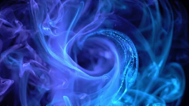 Blue ink swirling in clear liquid. Abstract fluid motion forming clouds and smoke patterns. Macro footage of colorful pigment dissolving in water for background.
