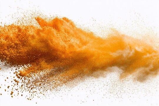 Vibrant orange powder explodes in dynamic cloud against pure white background