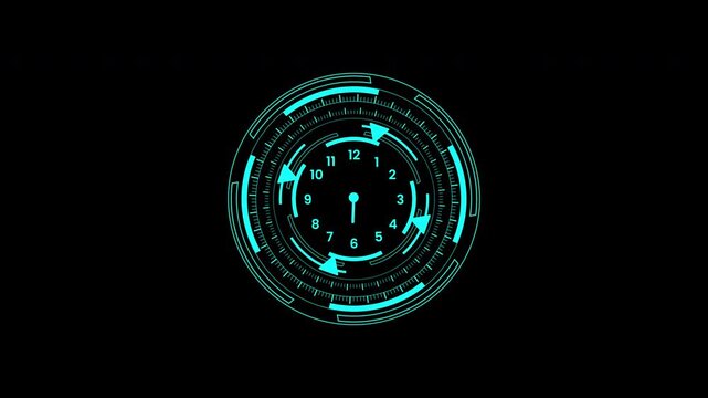 Clock icon timelapse digital circular clock interface glows with neon accents and sleek computer graphics, suitable for scifi dashboards, games, and presentations.