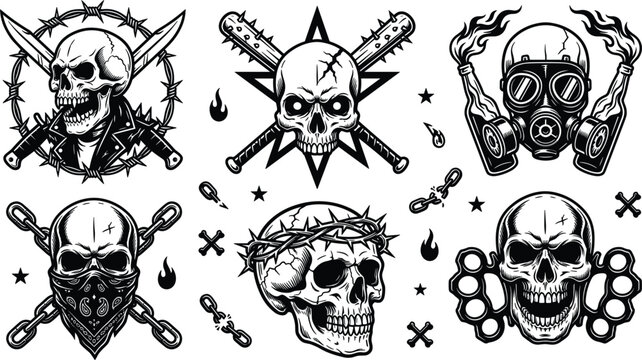 Badass Skull Tattoo Flash Set with Post Apocalyptic Punk and Metal Elements for T Shirts, Posters, Stickers, and Dark Graphic Designs