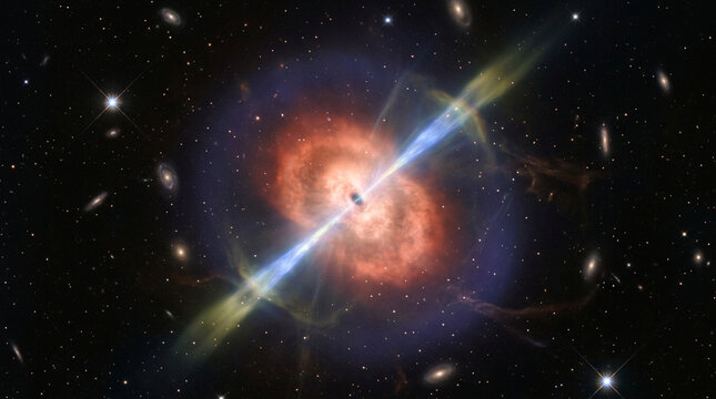 Deep space pulsar emitting powerful radiation jets, glowing supernova nebula with cosmic gas clouds, astronomical galaxy background with stars