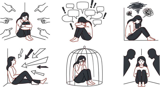 Depression and Social Anxiety Concept Vector Set with Sad Woman Silhouettes Dealing with Bullying, Pressure, and Mental Health Issues for Therapy Designs