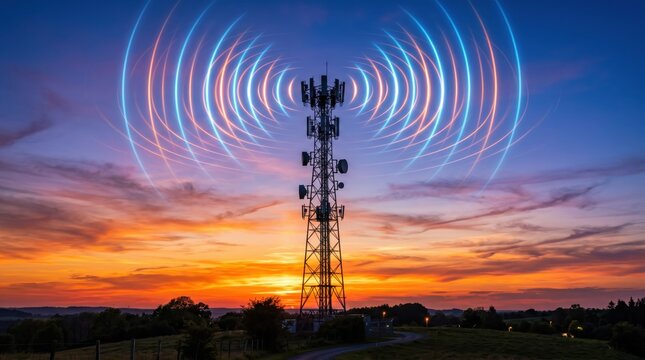 Telecommunication tower emitting wireless signal waves against colorful sunset sky, mobile communication and connectivity concept.