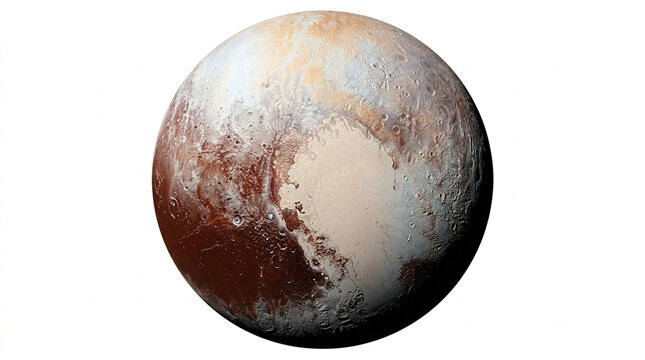 Dwarf planet Pluto isolated on white background, detailed surface texture of Pluto with heart-shaped glacier, celestial body in outer space