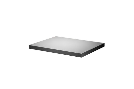 A rectangular white platform or flat slab with smooth surfaces and sharp edges, viewed from an elevated perspective on a black background