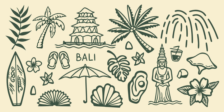 bali travel elements line art collage palm tree temple surfboard umbrella flower shell