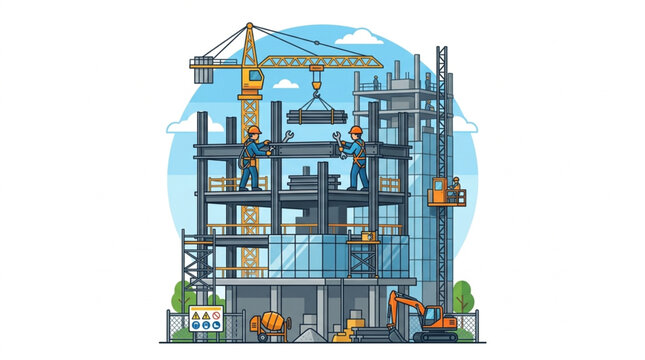 Modern high rise building under construction with cranes.