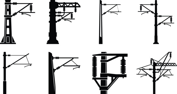 Set of black silhouette icons of railway overhead line equipment and catenary structures for electrification design