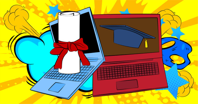 Cartoon Laptop, comic book Notebook with Graduation Cap and Rolled Up Diploma. Retro vector comics pop art design.