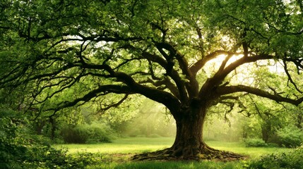 Fototapeta premium Majestic tree with expansive branches bathed in golden sunlight in a lush green landscape, symbolizing nature's beauty and serenity in a tranquil environment