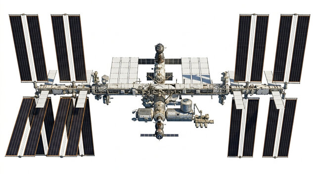 International Space Station isolated on white background, modular orbital spacecraft with solar panels, futuristic satellite station for science research