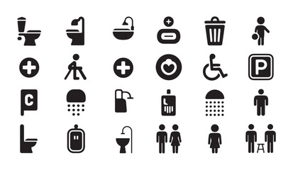 Fototapeta premium Variety of bathroom and toilet icons including bathtub shower sink trash can and accessibility symbols.