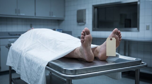 A deceased person covered by a white sheet lying on a metal autopsy table in a morgue.
