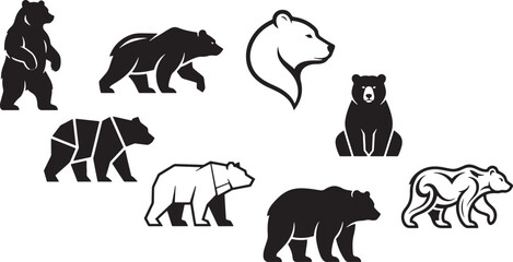 Fototapeta premium Black bear walking and sitting in different poses vector illustration