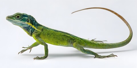 Fototapeta premium A vibrant green lizard with a long curving tail and textured scales is captured in profile against a clean white background.