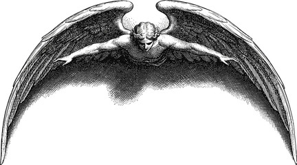 Obraz premium Vintage Engraving of a Winged Male Angel Figure on White Background