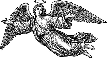 Obraz premium Vintage Style Woodcut Illustration of a Flying Angel with Halo and Wings