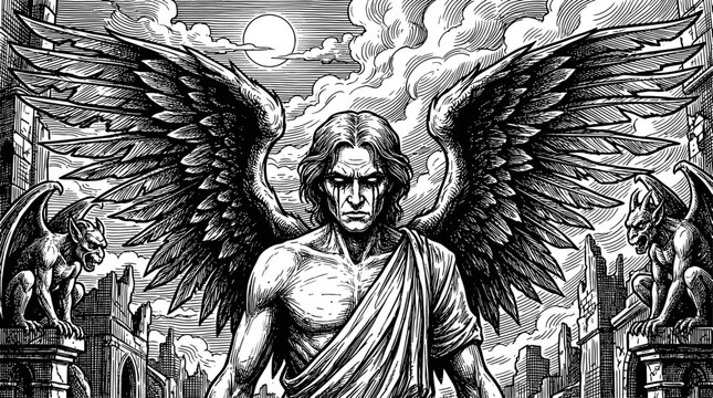 Engraving style illustration of a winged fallen angel among ruins