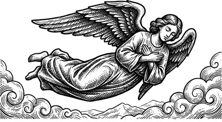Obraz premium Vintage Engraving of an Angel Flying Over Clouds and Mountains