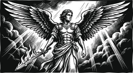 Obraz premium Archangel Michael Holding Flaming Sword Engraving Illustration