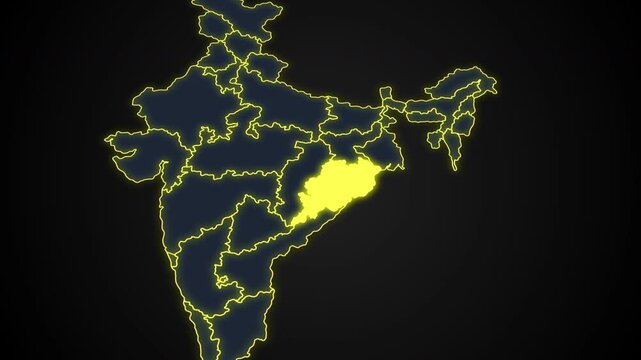 Animated glowing map of Odisha, India, with a highlighted outline on a dark background, ideal for geography, travel, news, and infographic projects.