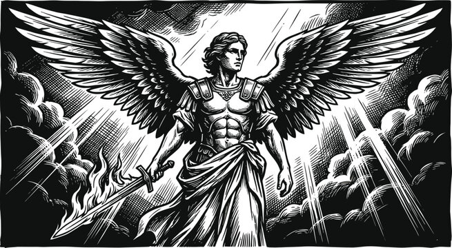 Archangel Michael Holding Flaming Sword Engraving Illustration