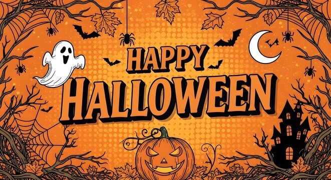 Happy halloween vintage style illustration with ghost, pumpkin, haunted house, and bats on orange background