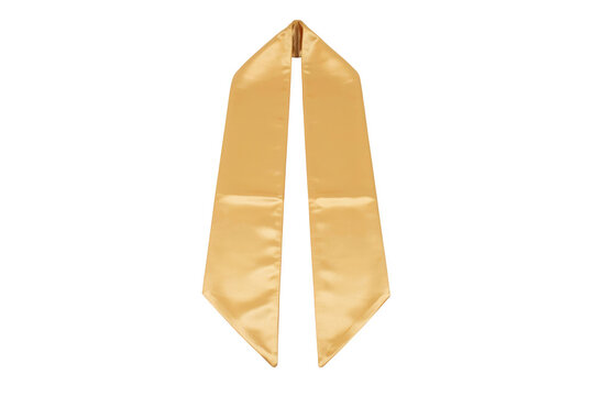 A shiny gold satin graduation stole or sash hanging vertically, featuring smooth fabric texture and pointed ends, isolated on a black background