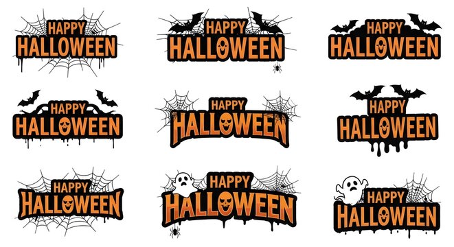 Set of nine halloween text logos with cobwebs, bats, ghosts, and spiders