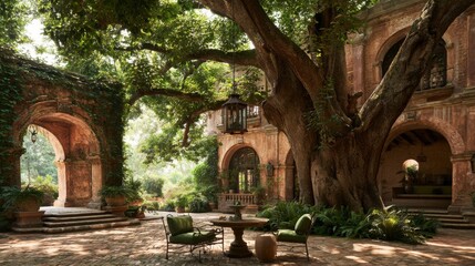 Naklejka premium Tranquil courtyard scene featuring lush greenery, majestic tree, antique architecture, and serene outdoor seating in a peaceful ambiance