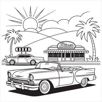 Black and white coloring page featuring a classic convertible car parked in front of a tropical diner