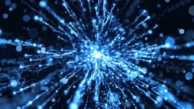Abstract blue glowing particles explode outwards in dark background with bokeh effect