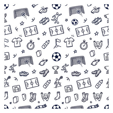 Soccer Football Seamless Pattern with Sports Icons, Goal, Ball, Jersey, Whistle and Stadium Elements Vector Background