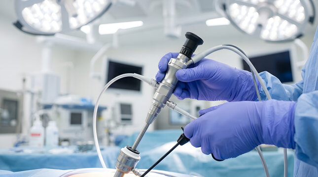 Surgeon Hands Holding Laparoscopic Instrument During Minimally Invasive Surgery