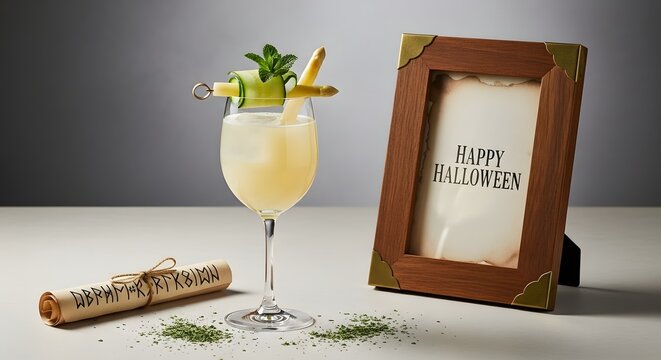 Halloween cocktail drink with asparagus and cucumber garnish next to a framed sign