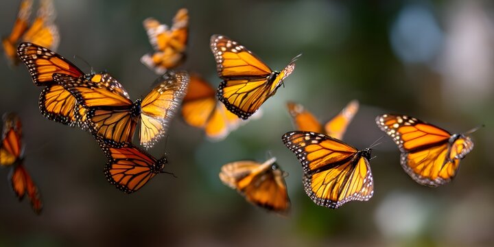A large group of monarch butterflies flying together against a soft background