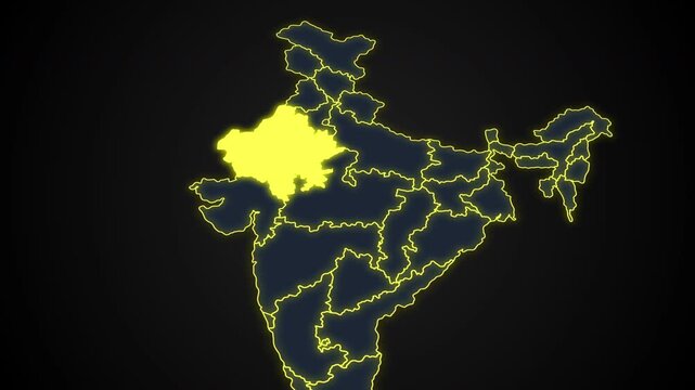 Animated glowing map of Rajasthan, India, with a highlighted outline on a dark background, ideal for geography, travel, news, and infographic projects.