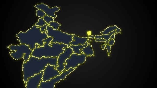 Animated glowing map of Sikkim, India, with a highlighted outline on a dark background, ideal for geography, travel, news, and infographic projects.