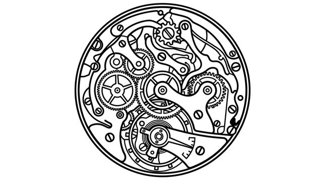 Intricate black and white line art of clockwork gears and mechanisms.