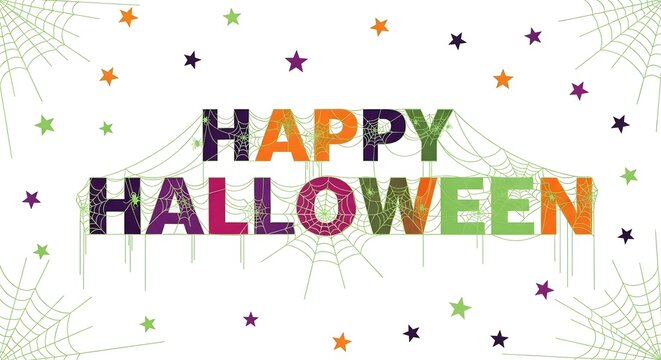 Happy halloween text with spider web and colorful stars on white background