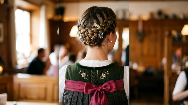 Traditional Bavarian Woman in Dirndl with Elegant Braided Hairstyle in Rustic Tavern