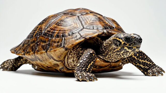 Close up of a box turtle walking on white background