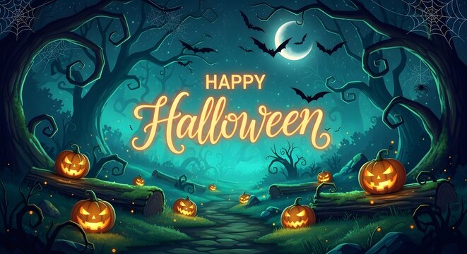 Happy halloween background with glowing jackolanterns in a spooky dark forest