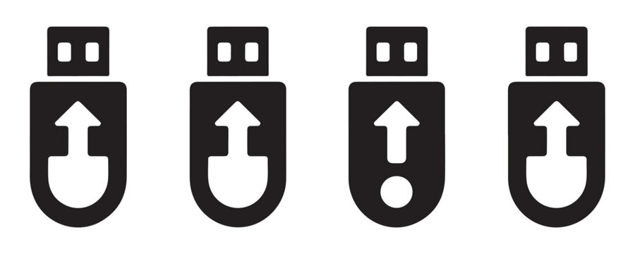 Usb drive icons set featuring upload download and eject arrow symbols for digital file storage management.