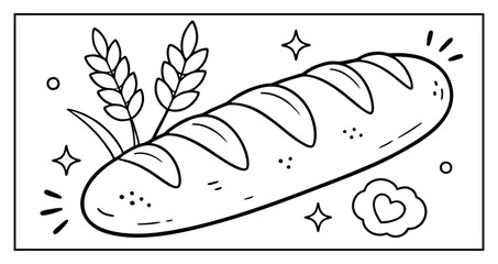 Black and white line art illustration of a fresh baguette loaf with wheat stalks and sparkles