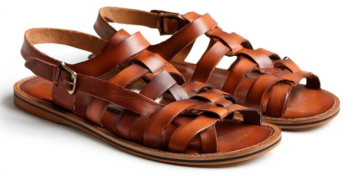 A pair of brown leather gladiator sandals featuring woven straps and adjustable buckles.