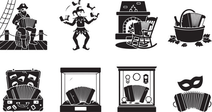 Set of black and white accordion music instrument icons showing various creative scenes and uses